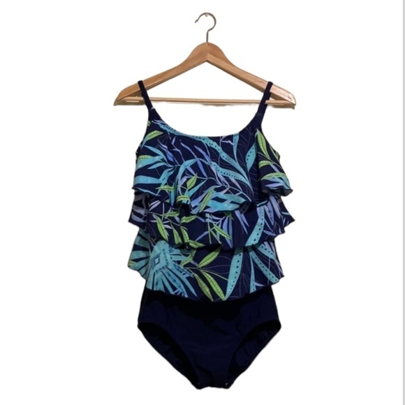 T.H.E. Palm print navy one piece swimwear. Size 12. New. - Picture 1 of 12